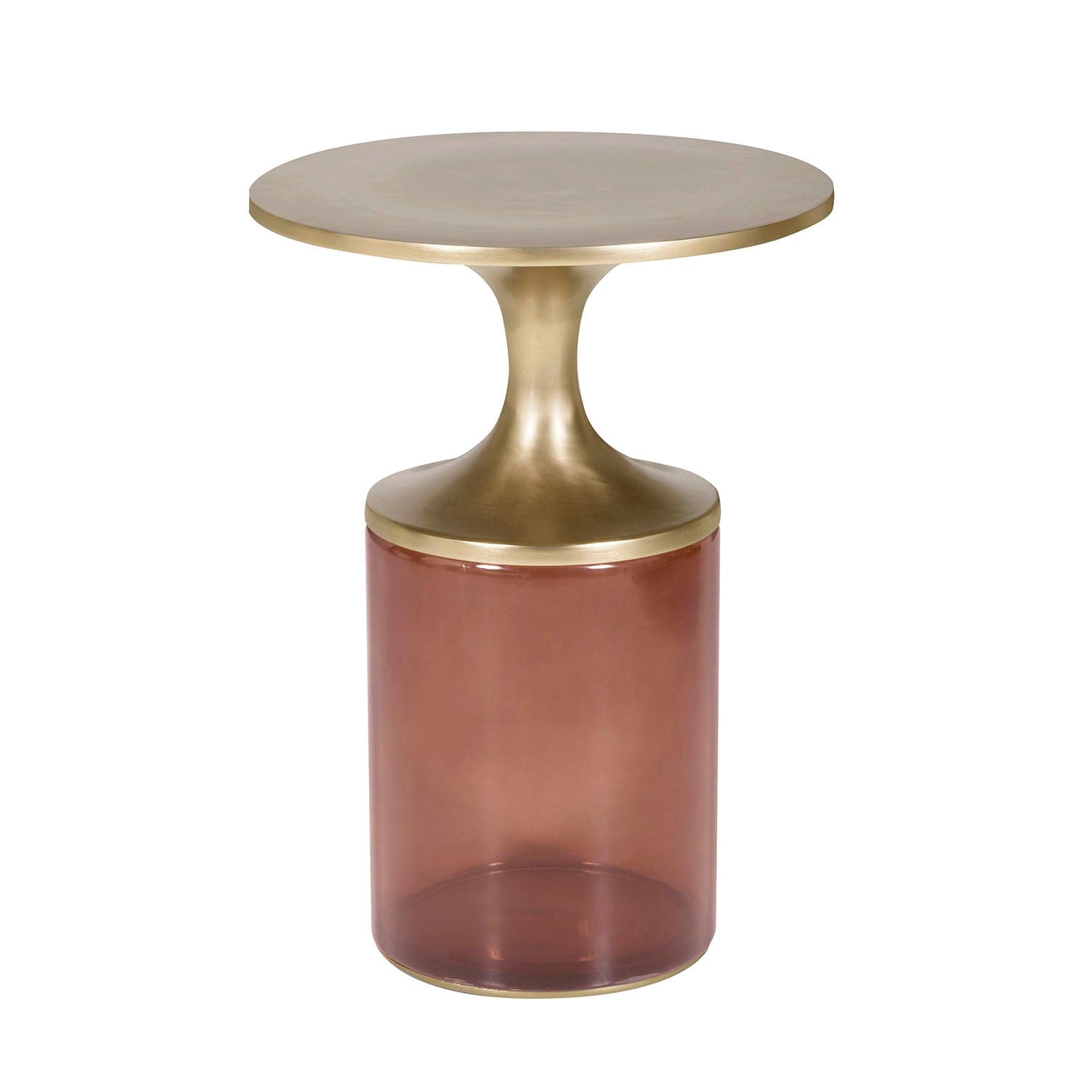 Aiden Side table with gold top and brown cylindrical base on a white background