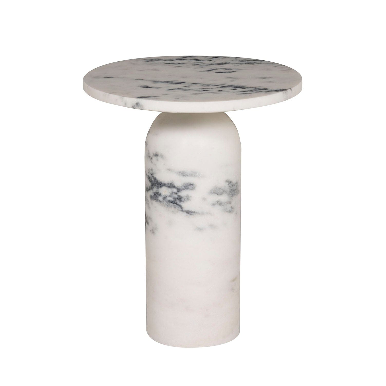 VANGUARD CANYON Marble side table with a round top and cylindrical base on a white background