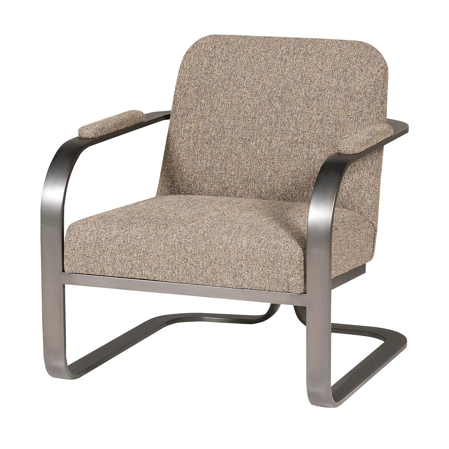 Chair with beige fabric seat and backrest, metal frame on a white background
