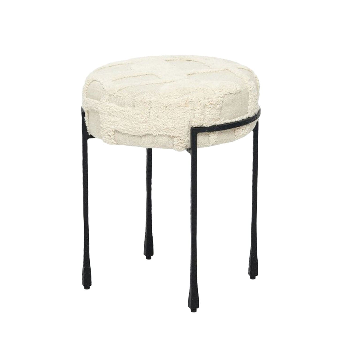 Round stool with white textured cushion and black metal legs on a white background