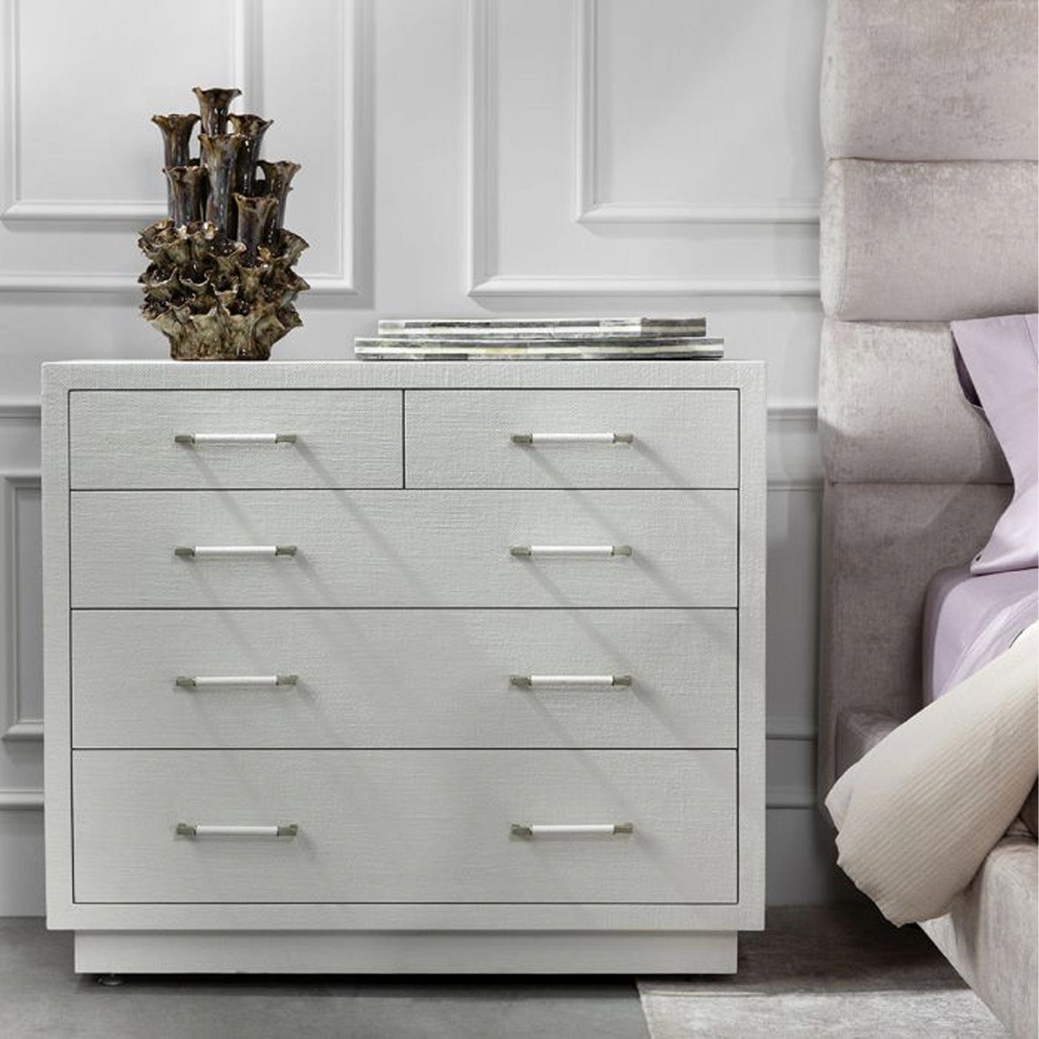 INTERLUDE HOME TAYLOR 5 DRAWER CHEST Natural White Faux Linen