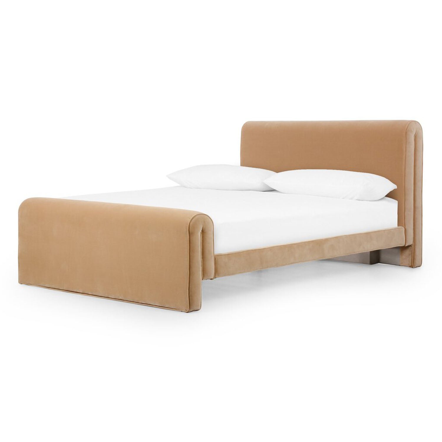 Four Hands Mitchell Bed in Surrey Camel with white bedding on a white background