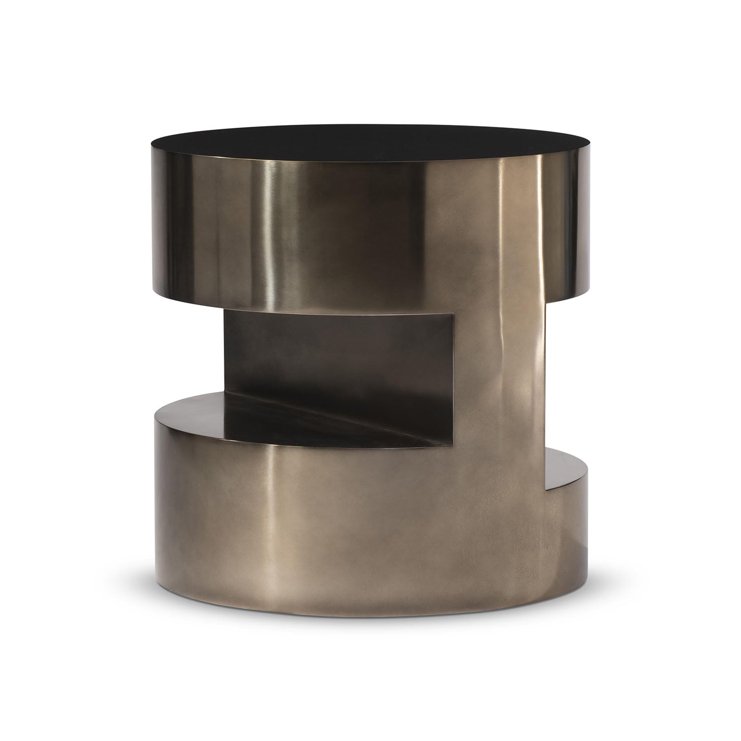 Modern metallic CASSIE side table with a geometric design on a white background