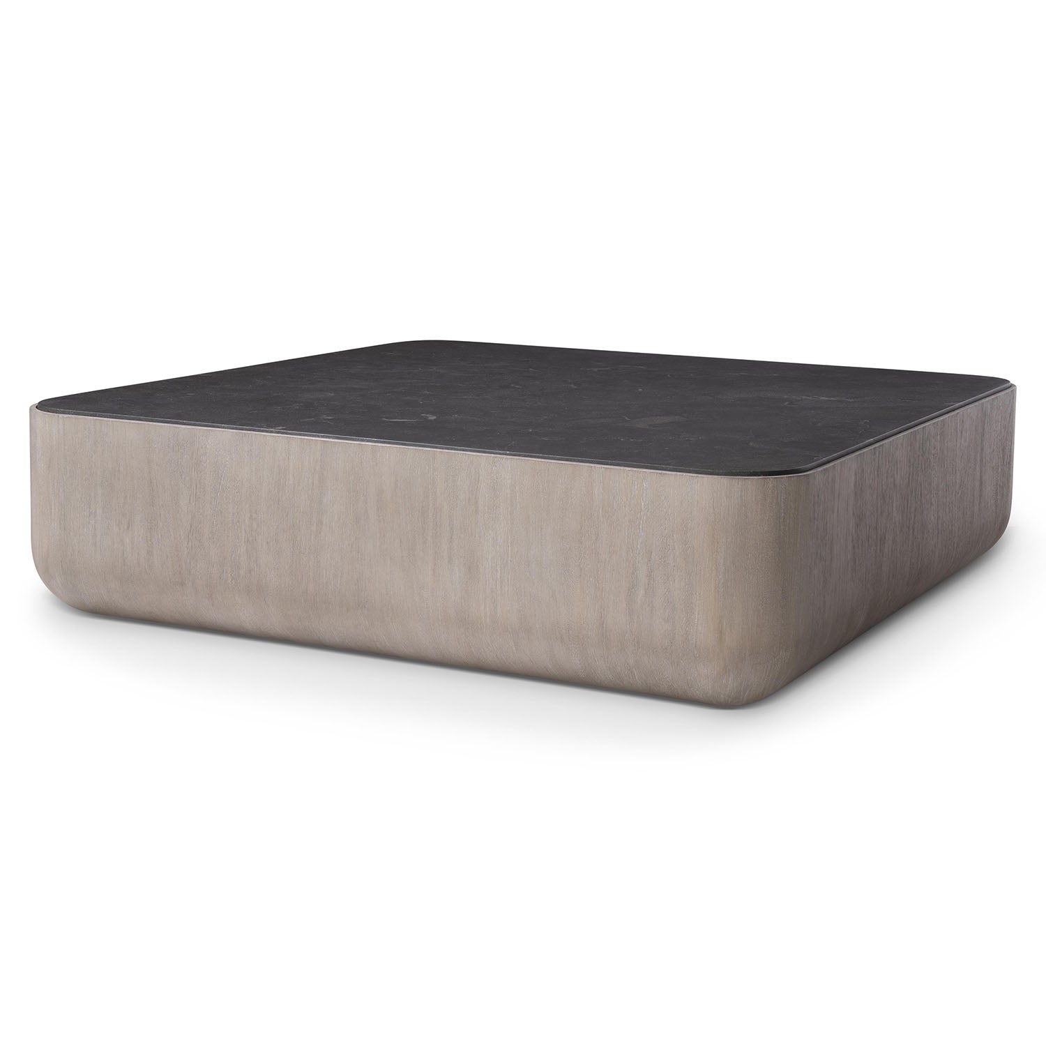 Croft coffee table from Bernhardt with bluestone top and mahogany base on a white background