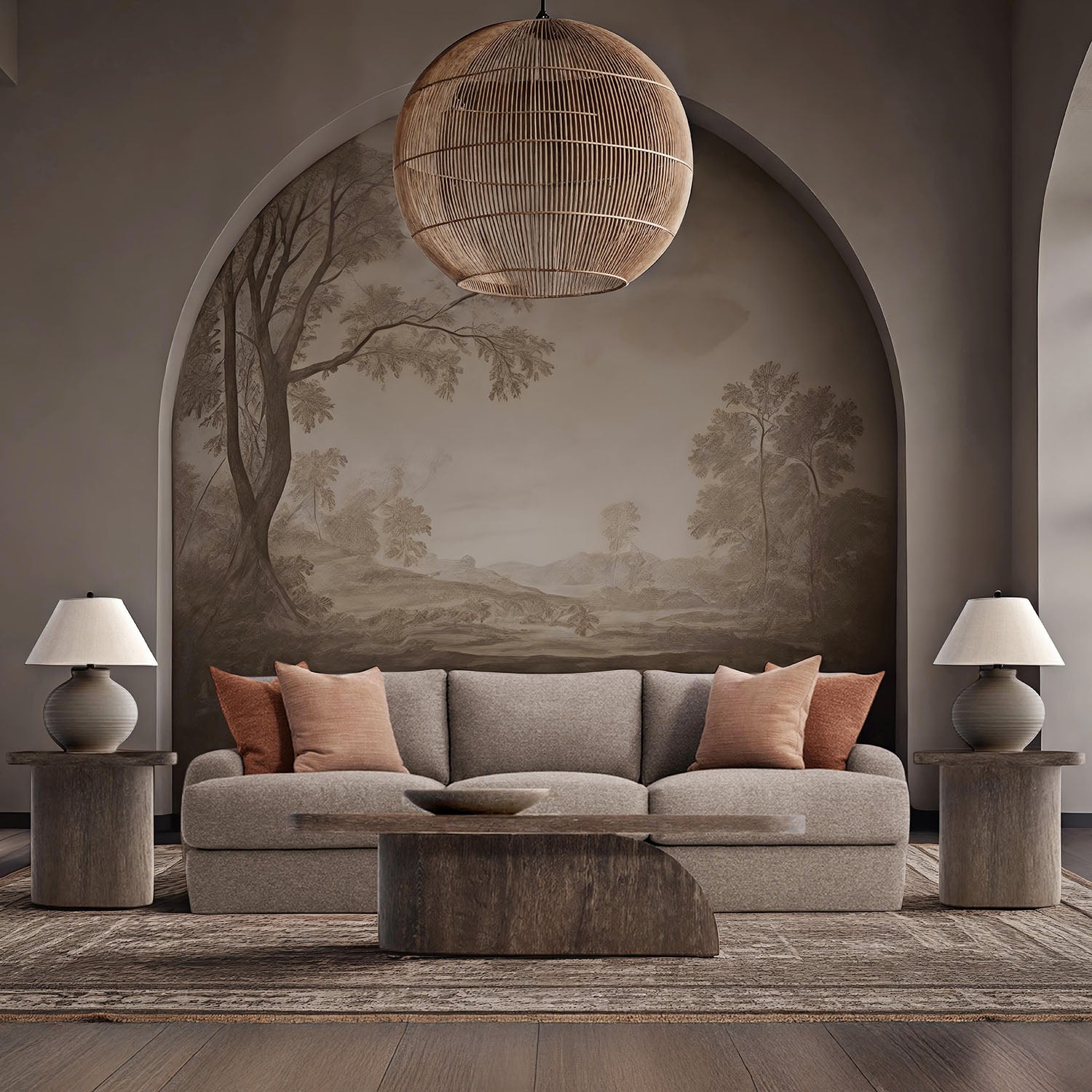Modern living room with a gray sofa, decorative pillows, a large wall mural, and a Dama coffee table from Bernhardt