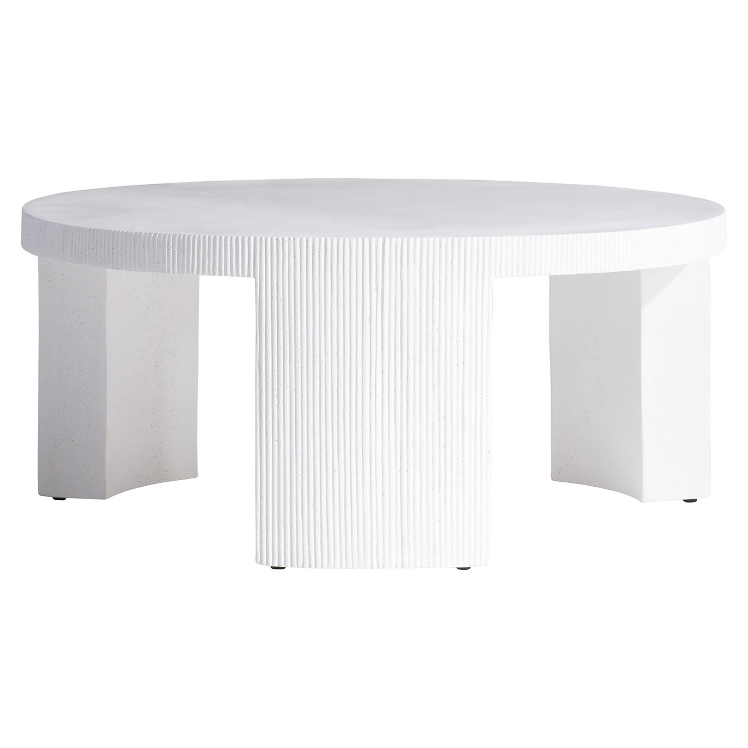 Round white Islamorada coffee table with a ribbed surface on a white background