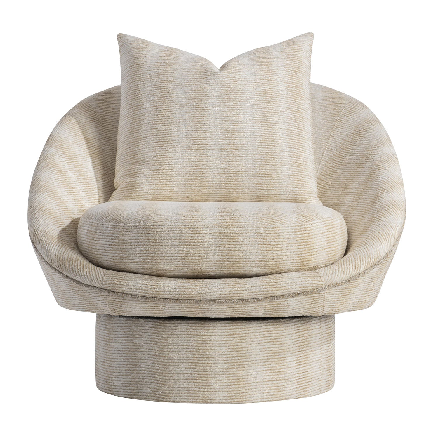 Beige Lucia swivel chair with a pillow on a white background