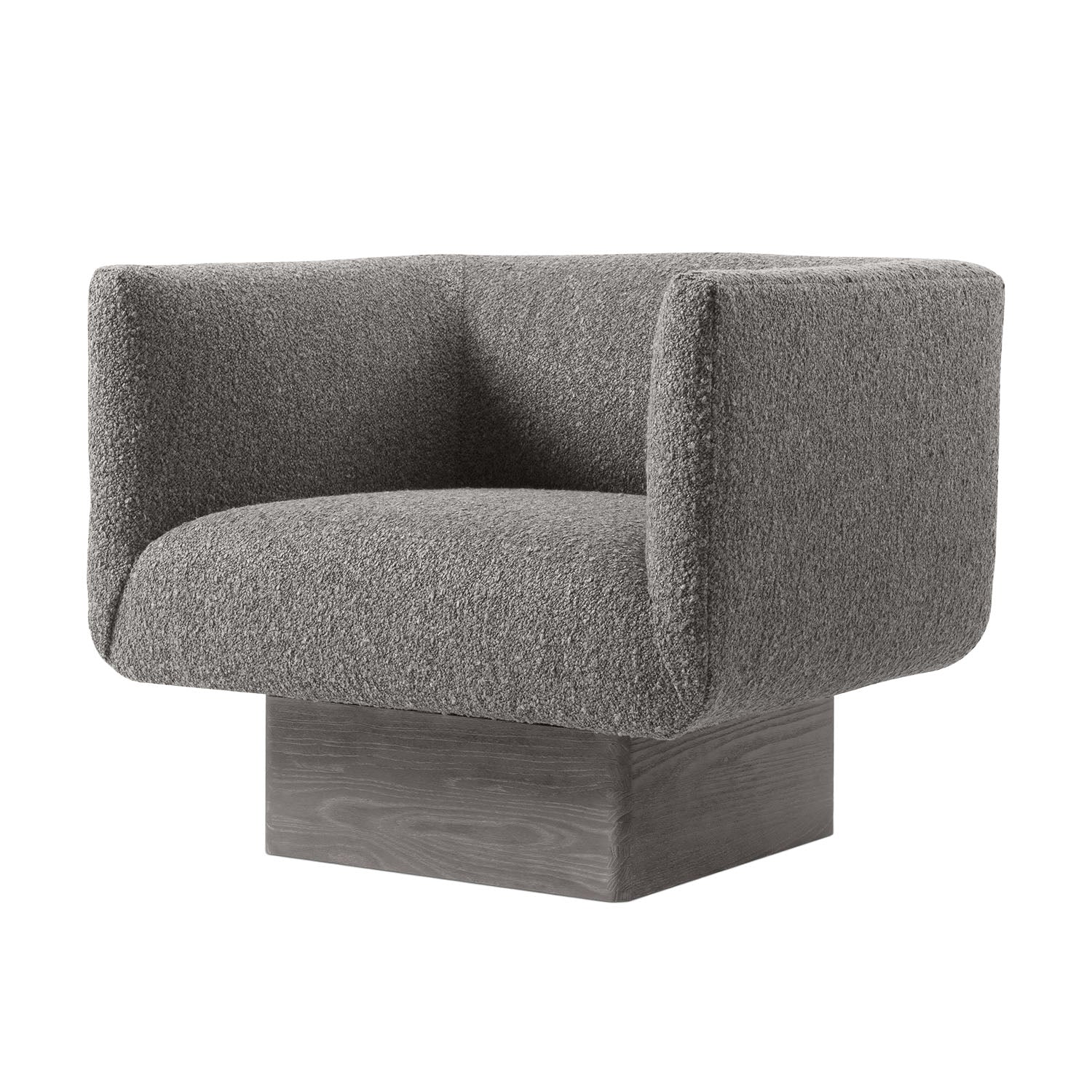 Gray upholstered Marni swivel armchair with wooden base on a white background