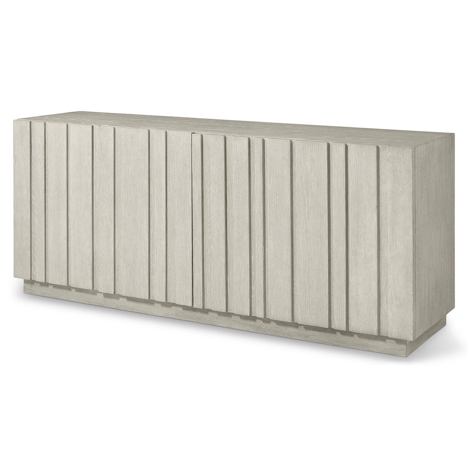 Wooden Tempo Credenza from Bernhardt with horizontal slats on a white background