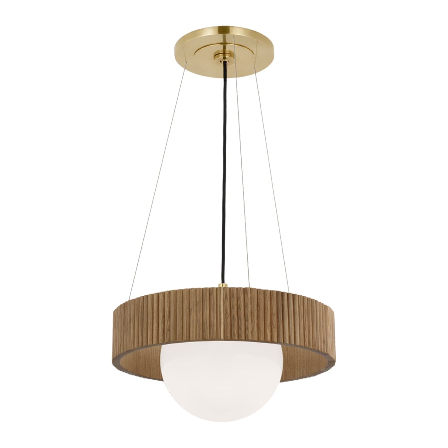 VISUAL COMFORT ARENA CHANDELIER Handrubbed antique brass with natural oak shade and white glass