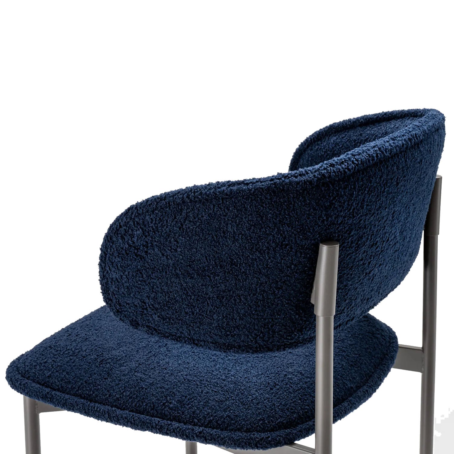 Blue textured chloe chair with metal frame back detail on a white background