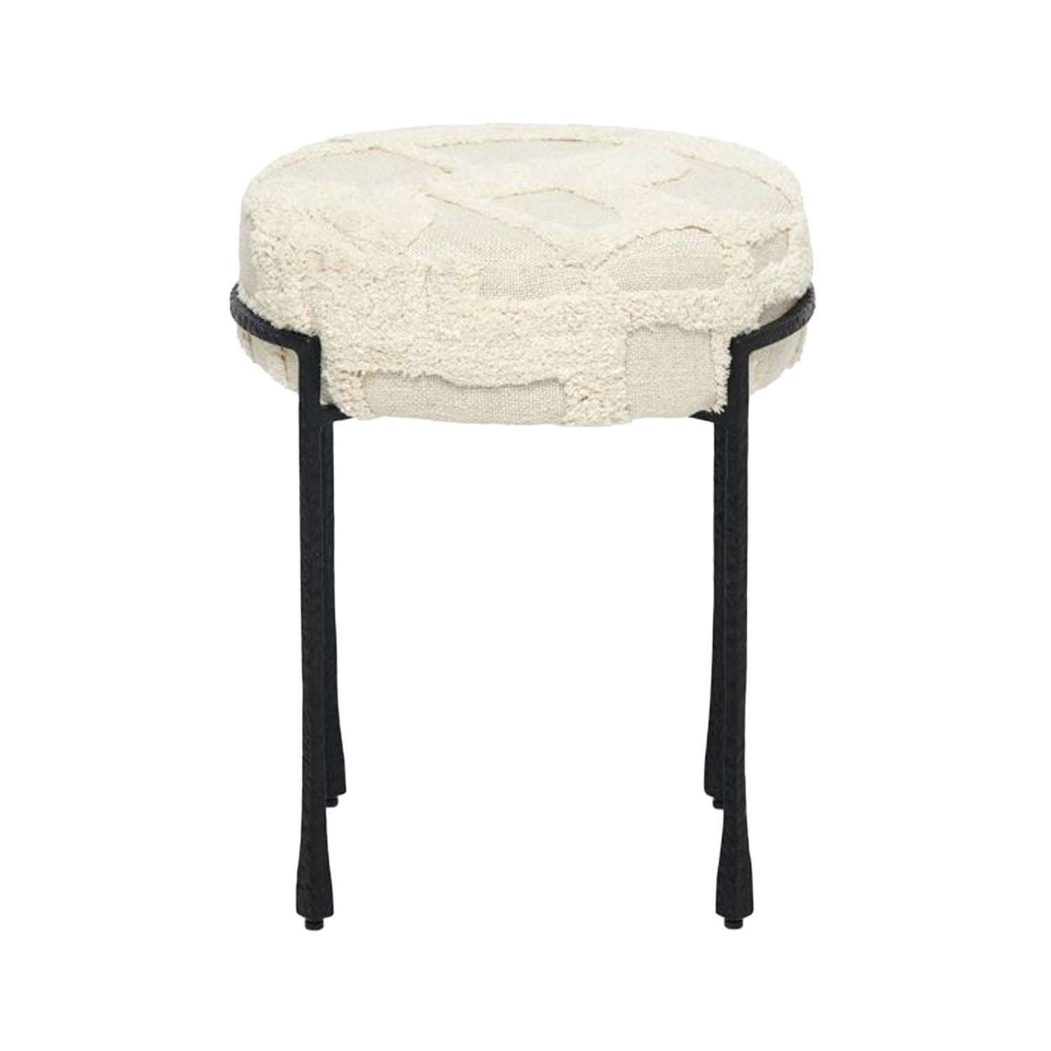 Round stool with white textured seat and black legs on a white background