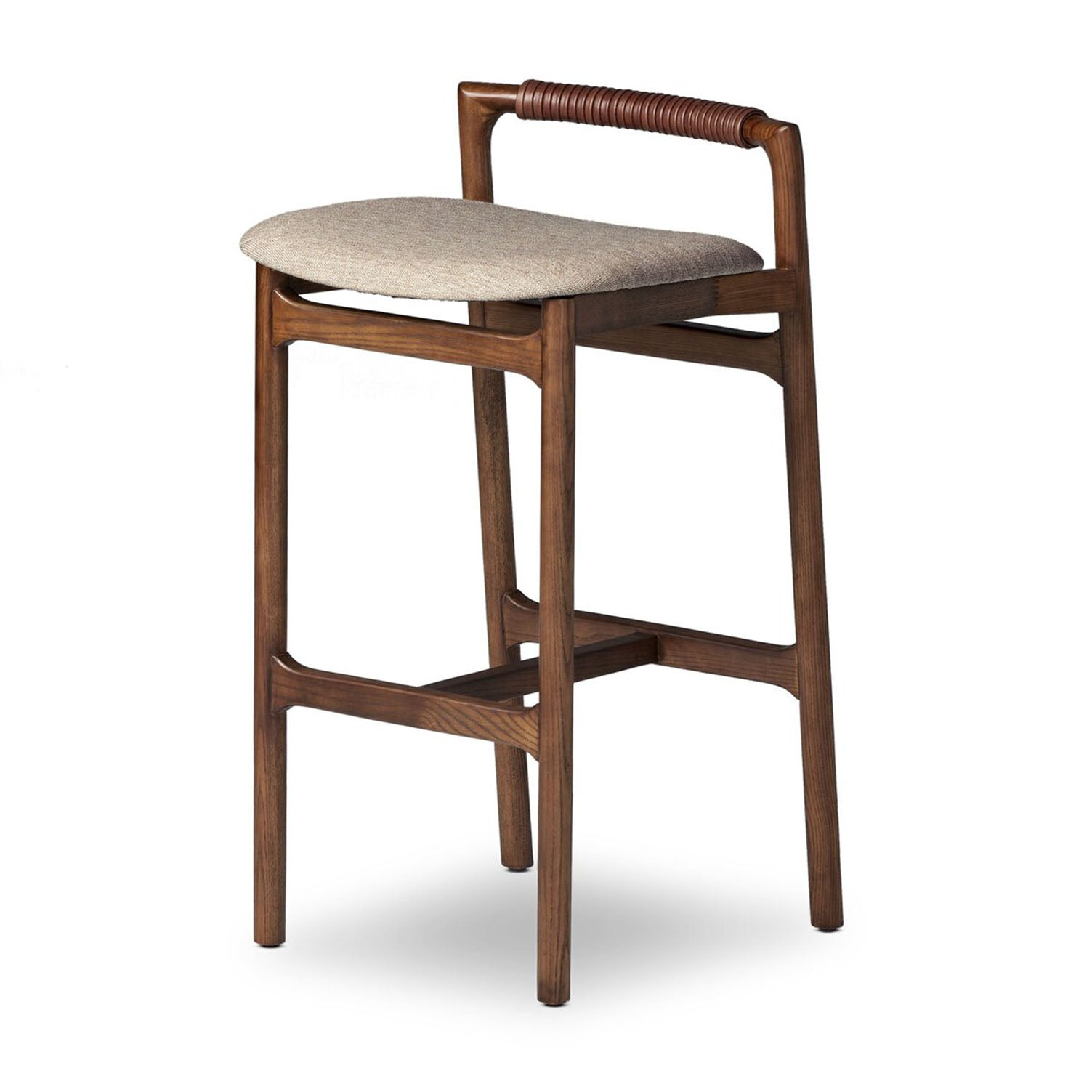 Side View of Baden Stool in Solid Ash in Sienna Brown with Alcala Wheat Fabric and Sonoma Coco Top Grain Leather