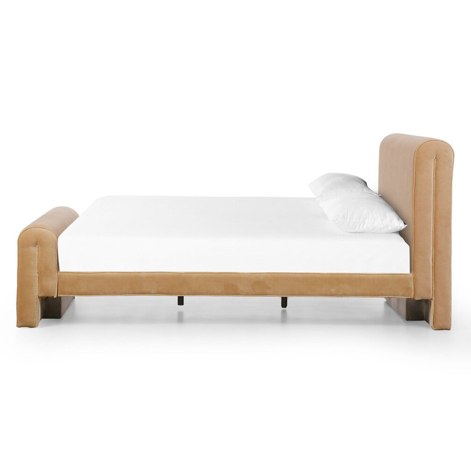 Four Hands Mitchell Bed in Surrey Camel with white mattress and pillow on a white background