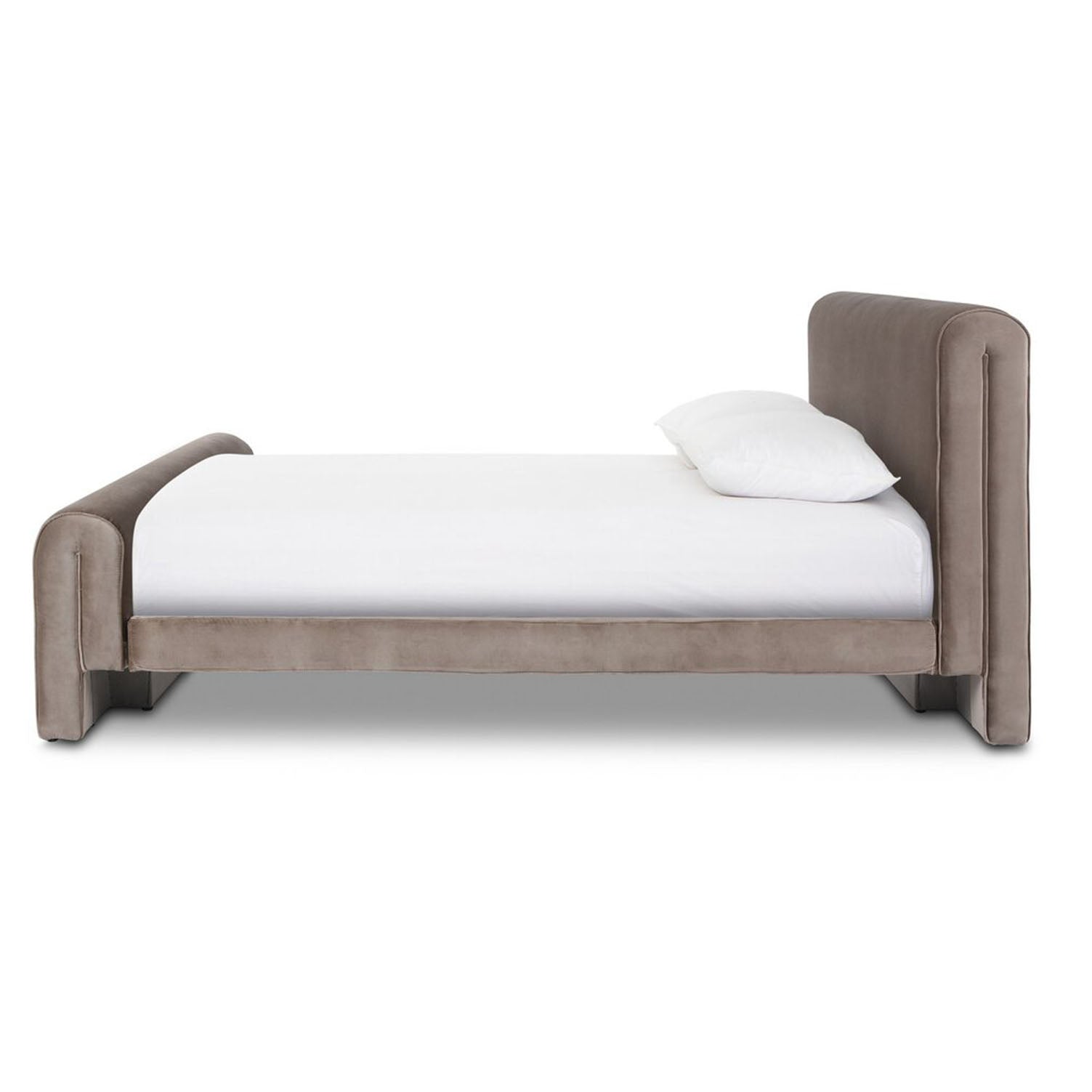 Four Hands Mitchell Bed in Surrey Fossil  and white mattress on a white background