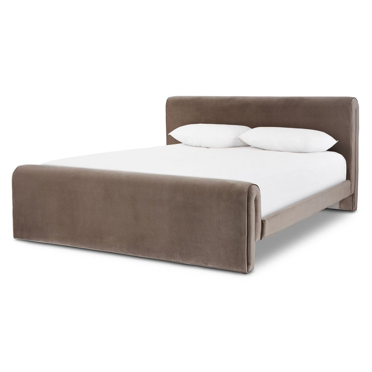 Four Hands Mitchell Bed in Surrey Fossil  with white bedding on a white background