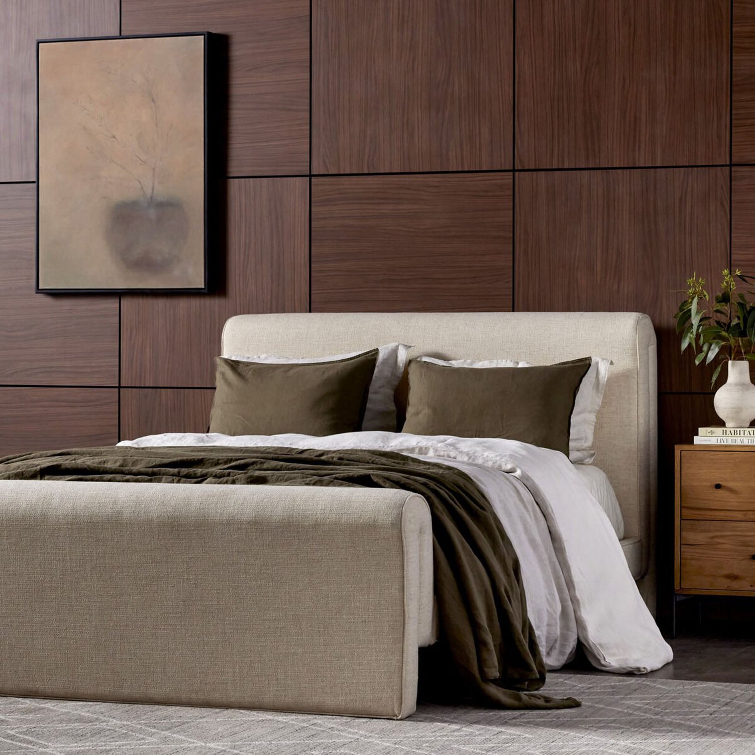 Modern bedroom with a Four Hands Mitchell Bed in Thames Cream , nightstand, and wall art.