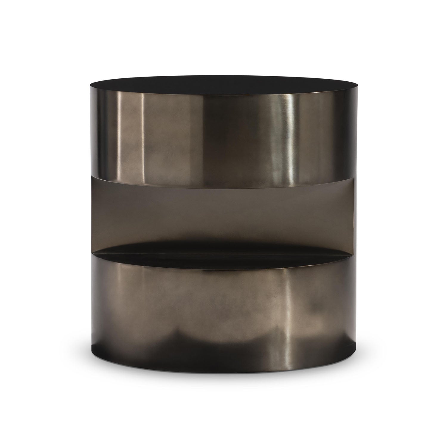 Metallic cylindrical CASSIE side table on a white background