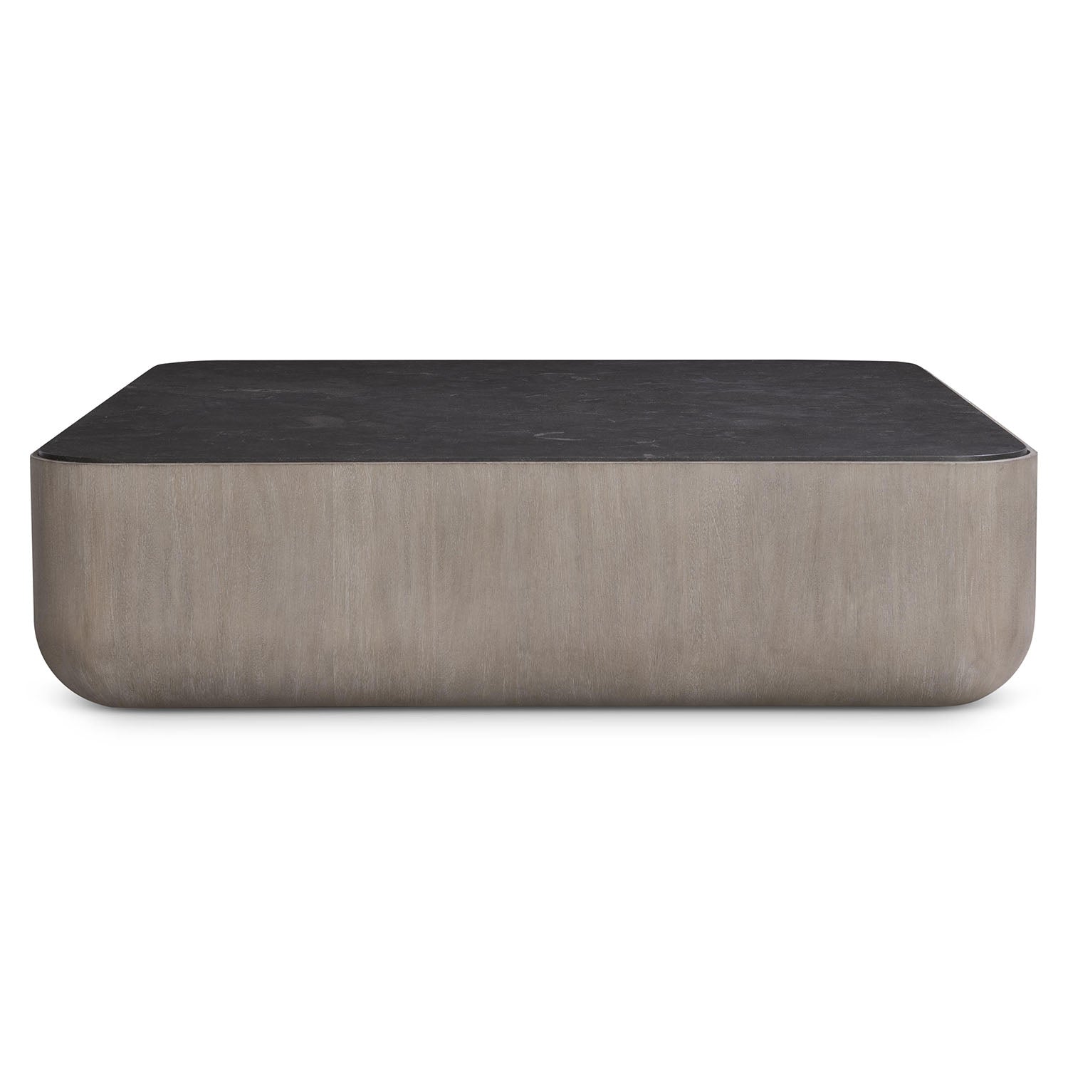 Croft coffee table from Bernhardt with bluestone top and mahogany base on a white background side view