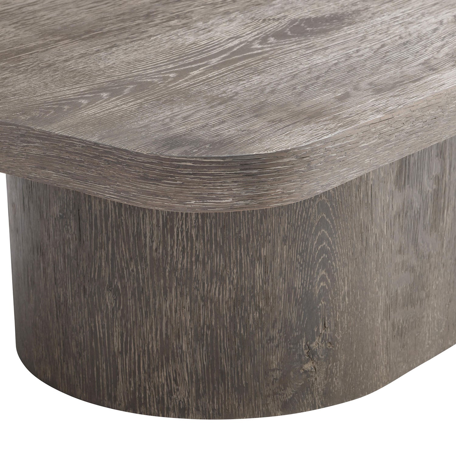 Close-up of a Dama coffee table from Bernhardt with a textured surface.