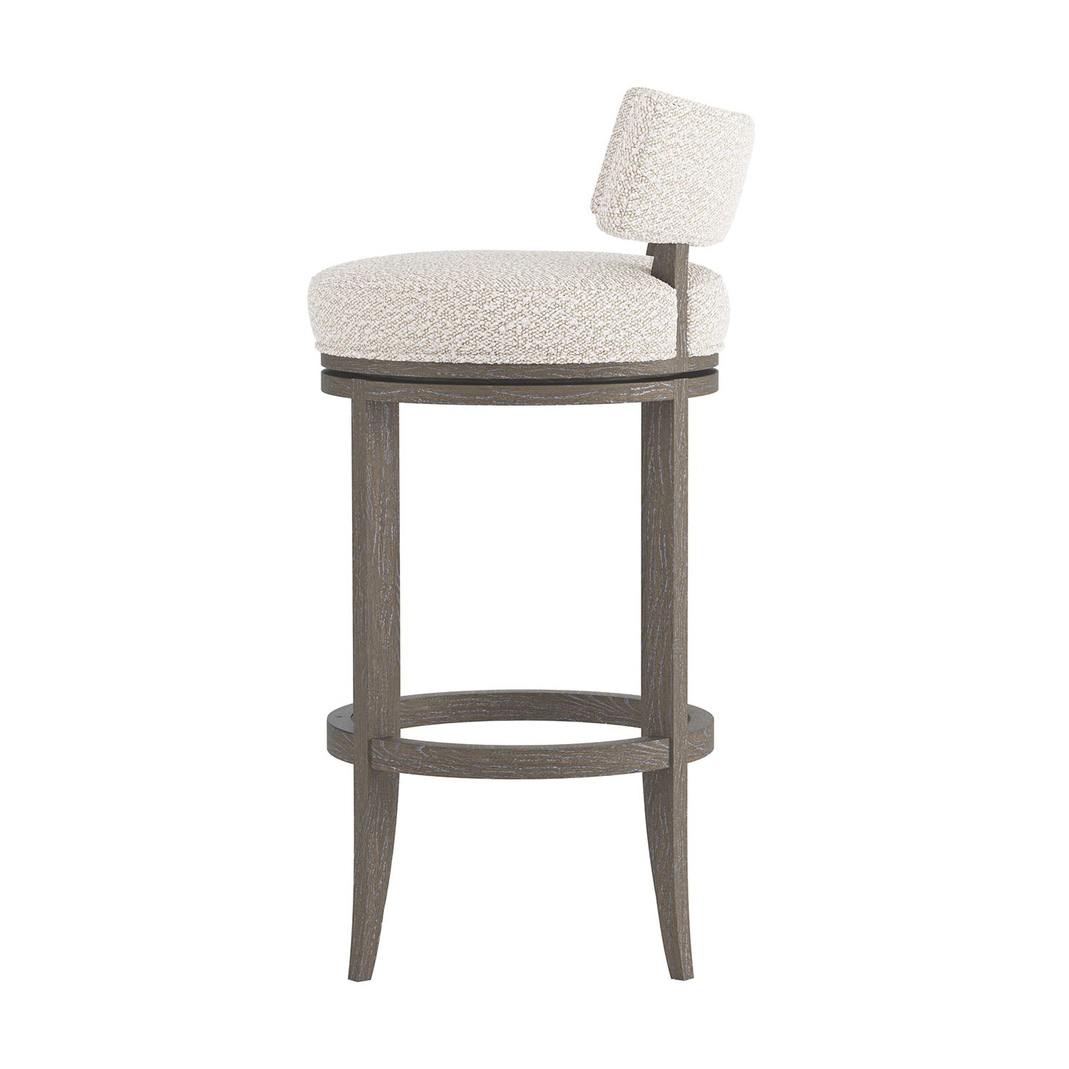 HIRSCH stool with textured white cushioned seat and wooden frame on a white background-side view