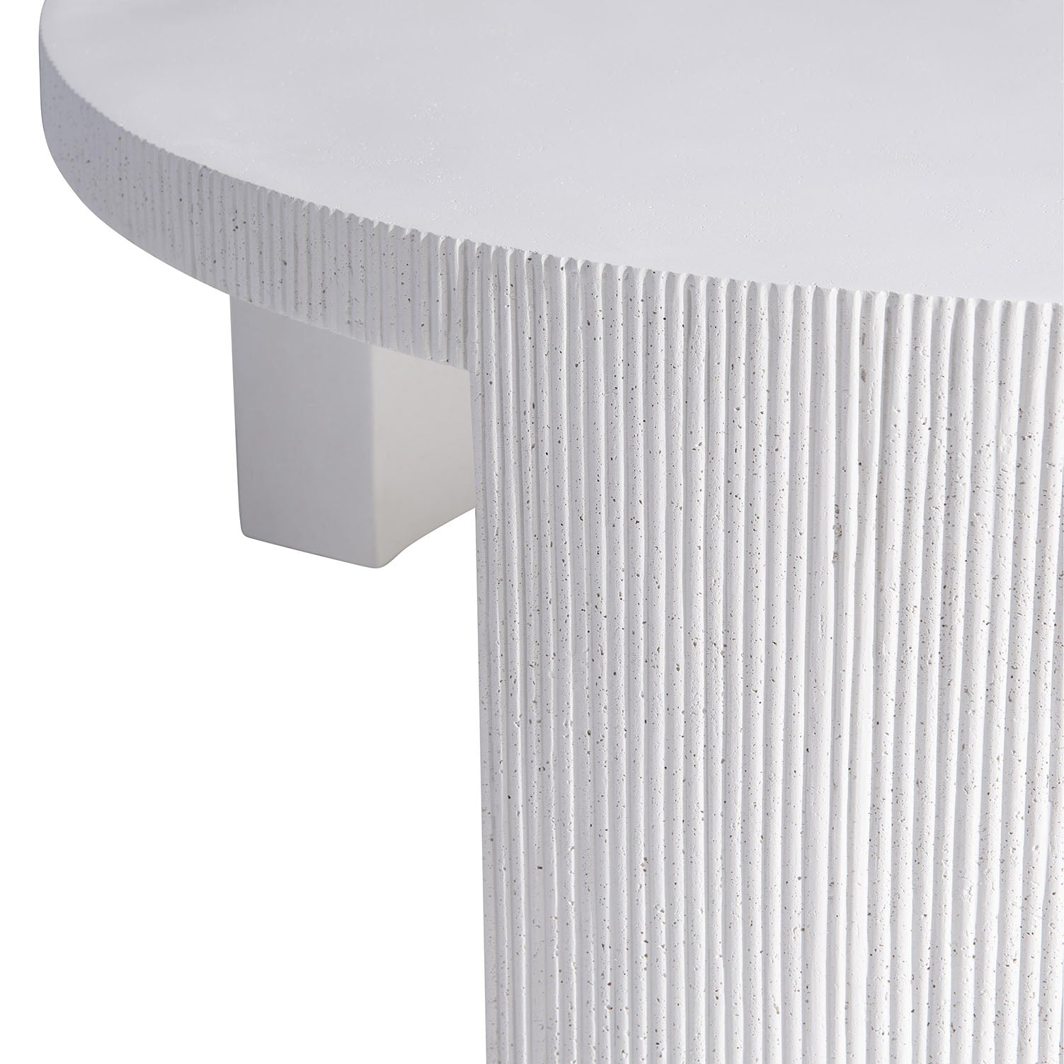 Round white Islamorada coffee table with close up of textured surface on a white background