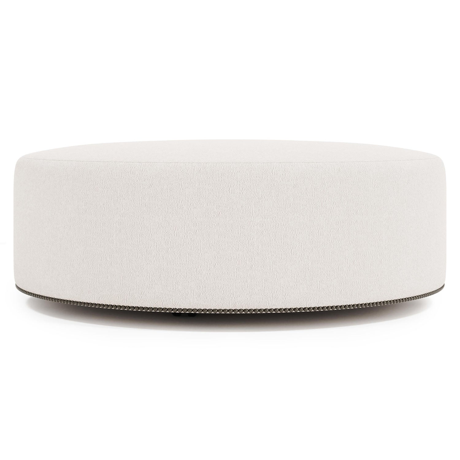 Lolo Round white ottoman with nailheads on a white background