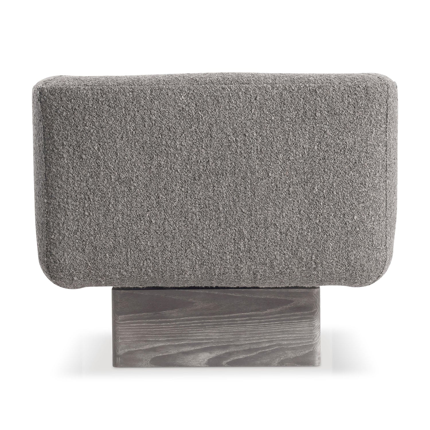 Gray textured Marni swivel armchair with a wooden base on a white background-back view