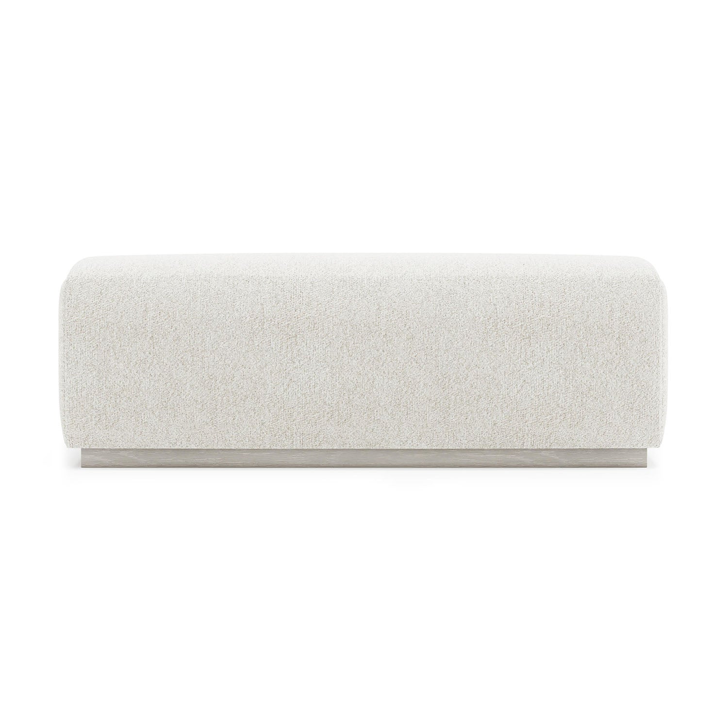 Light gray upholstered Tempo bench on a white background-front view