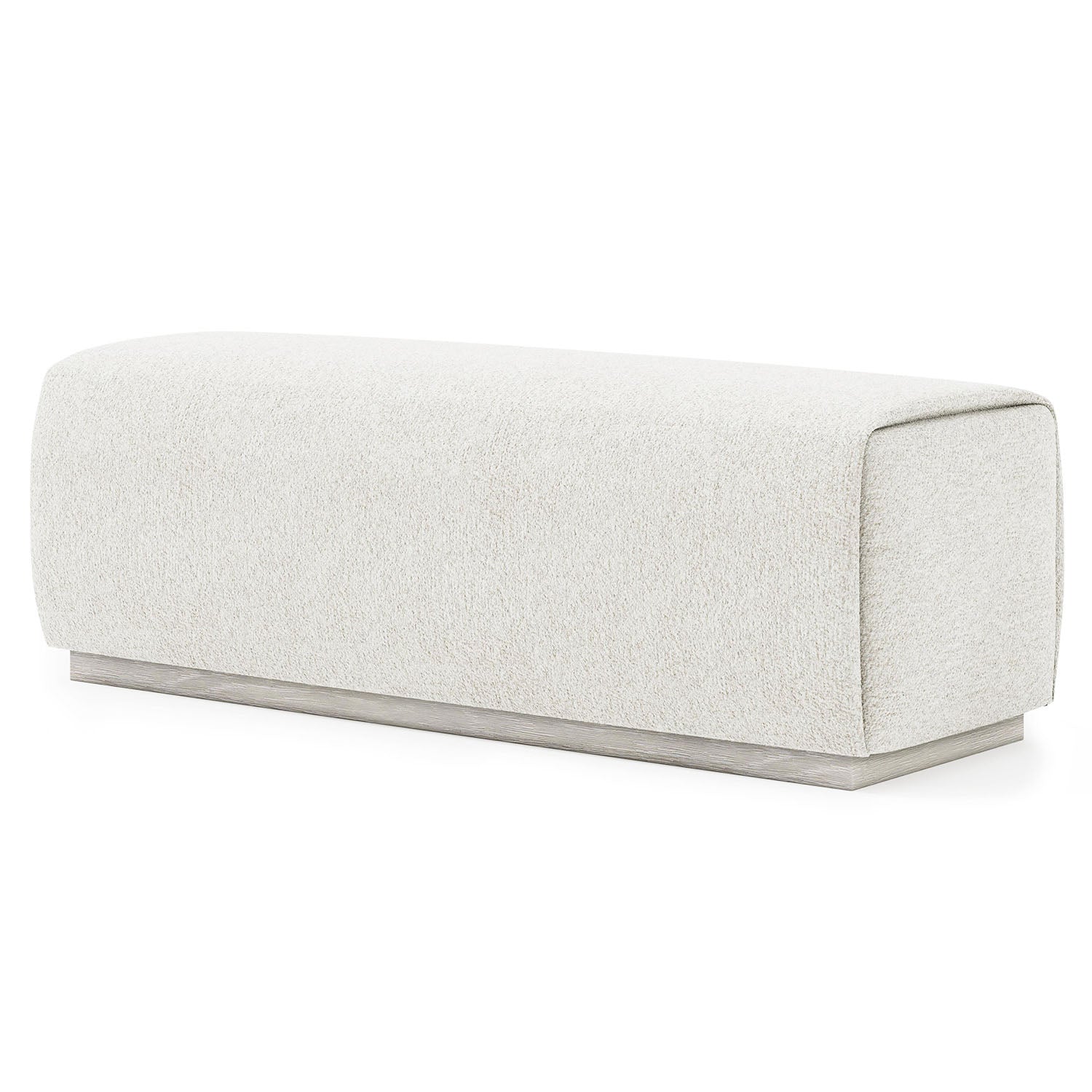 Light gray upholstered Tempo bench on a white background