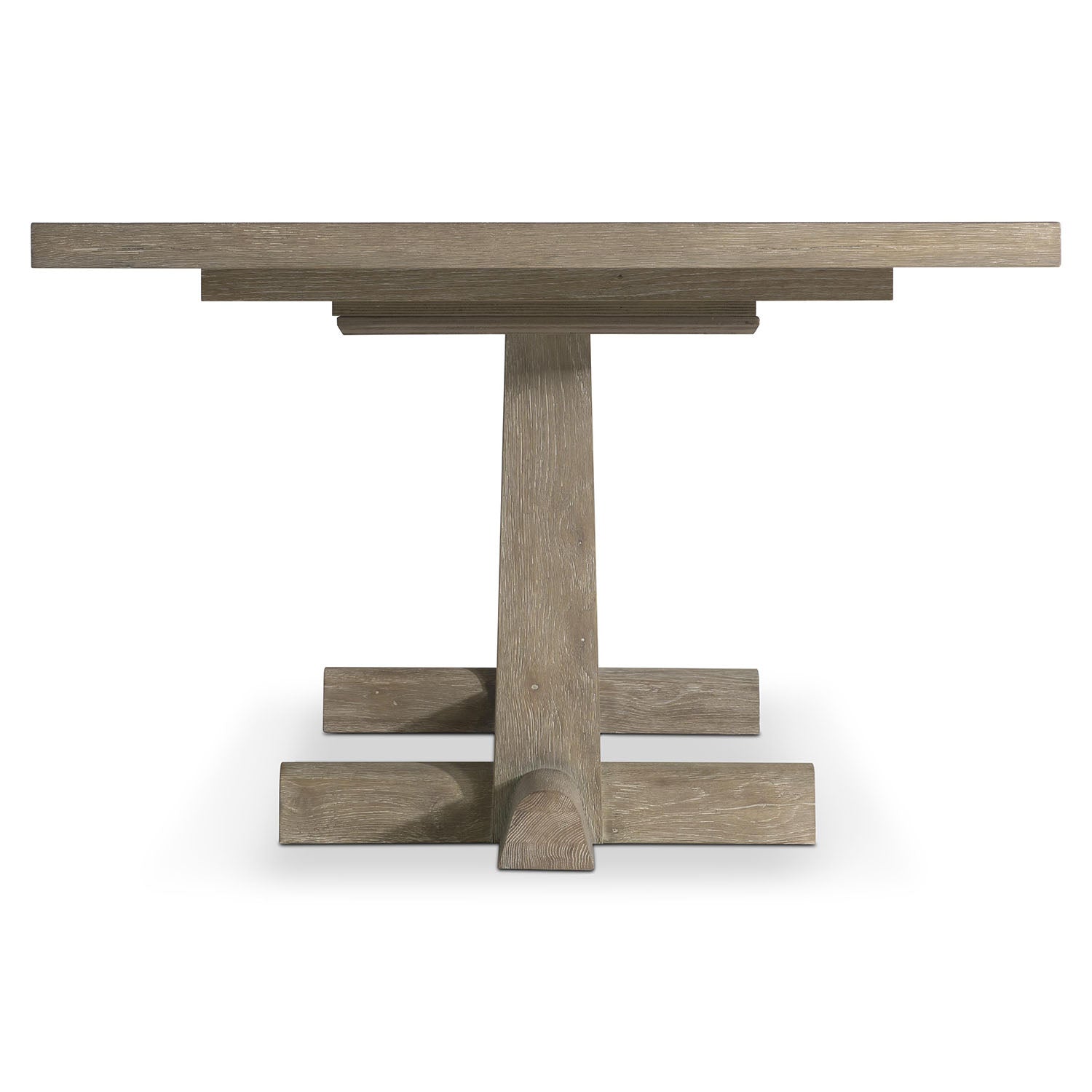 End View of a Tribeca dining table from Bernhardt,  a rustic design on a white background