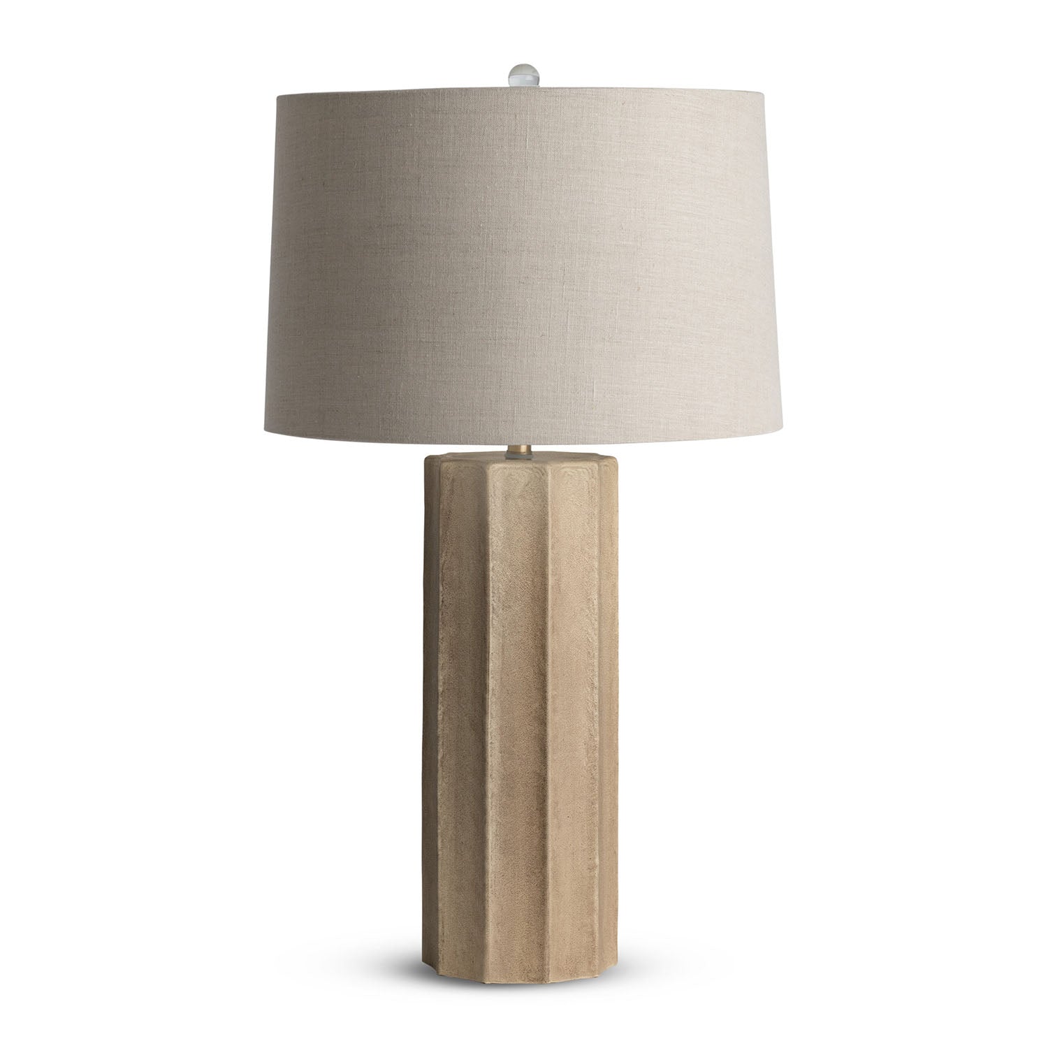Capri table lamp with glass base in sand finish and beige linen shade on a white background