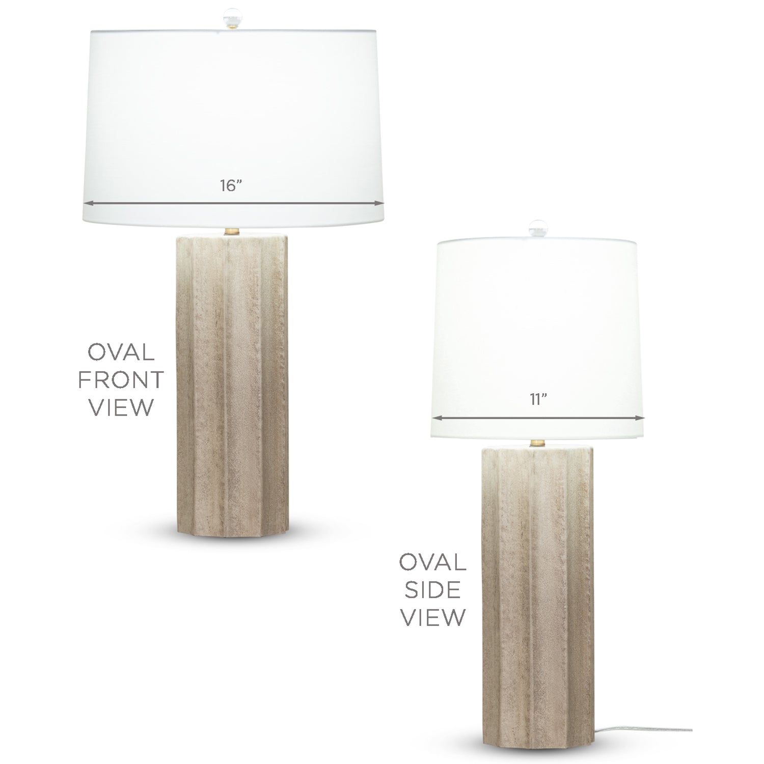 Capri table lamp with glass base in sand finish and off white linen oval shade on a white background