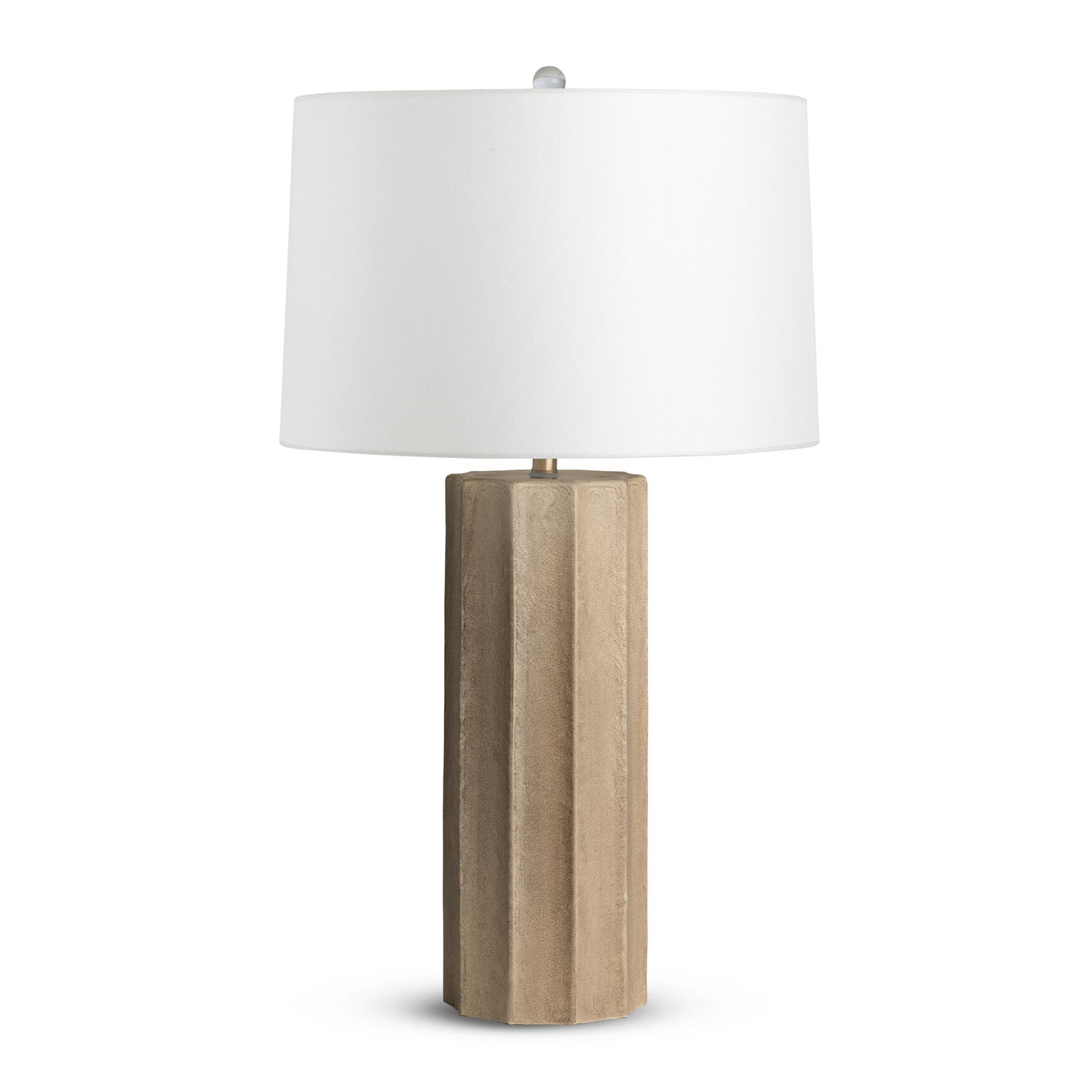 Capri table lamp with glass base in sand finish and off white cotton shade on a white background