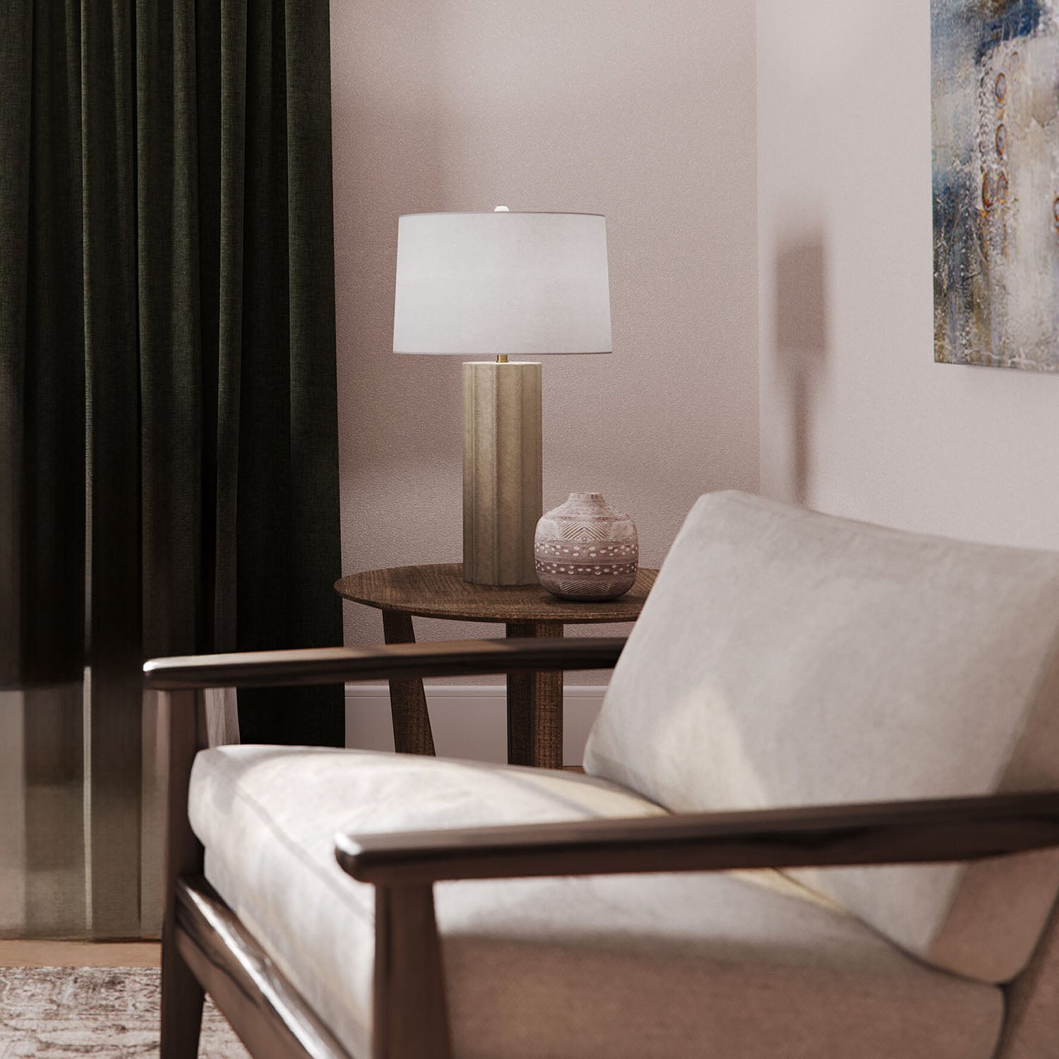 Living room with a beige armchair, side table, and a Capri lamp.