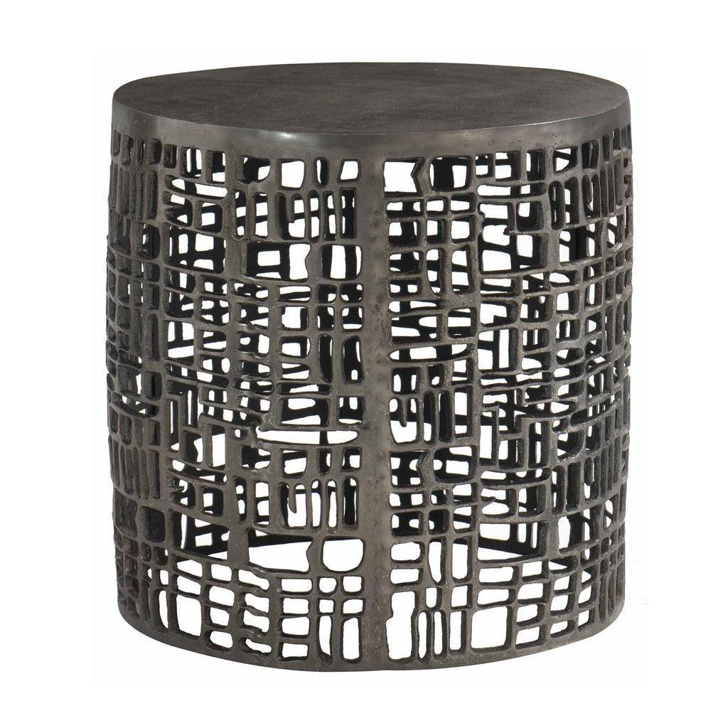 Side Table in Cast Aluminum in Graphite Finish with solid top and open geometric patterned sides